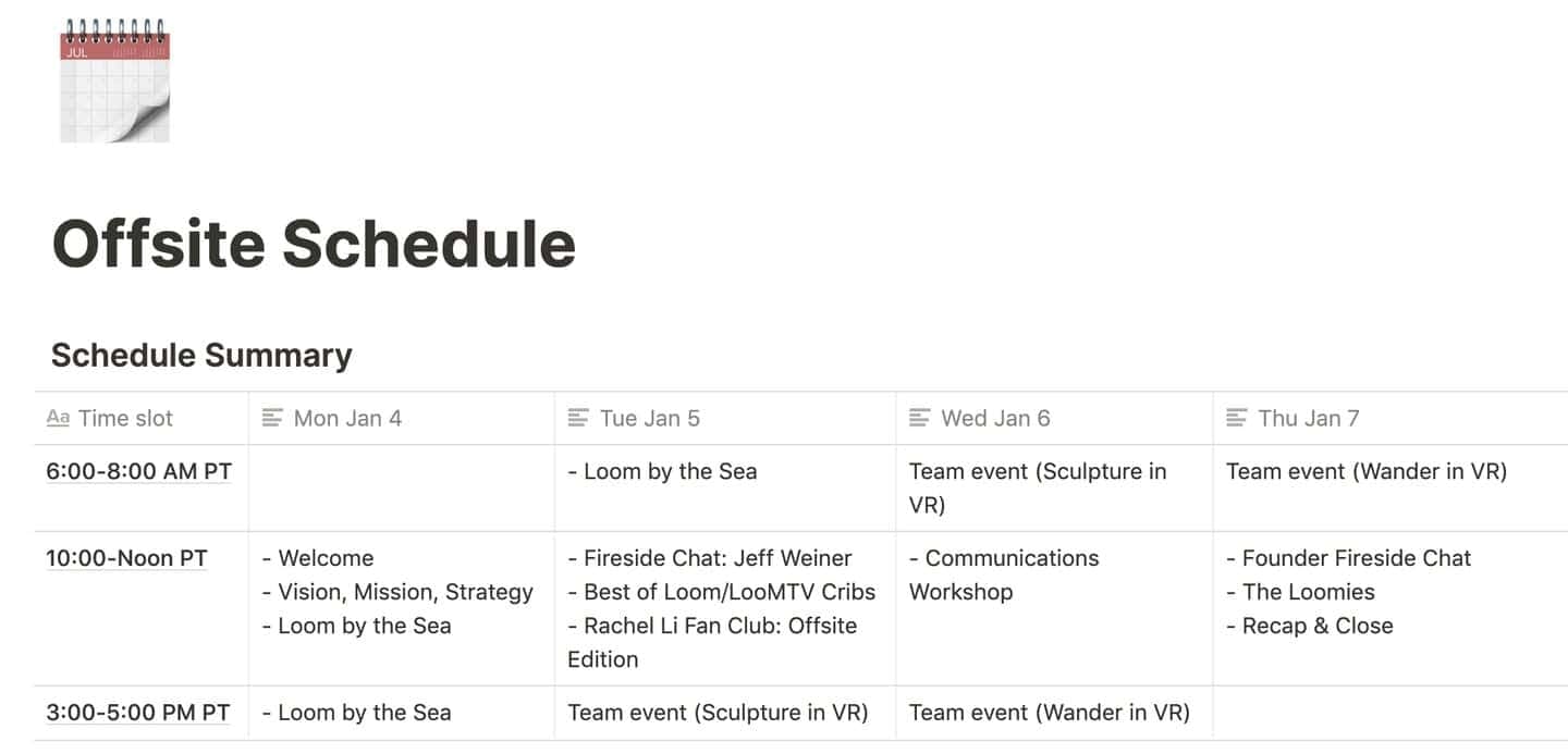 Virtual offsite schedule Notion screenshot