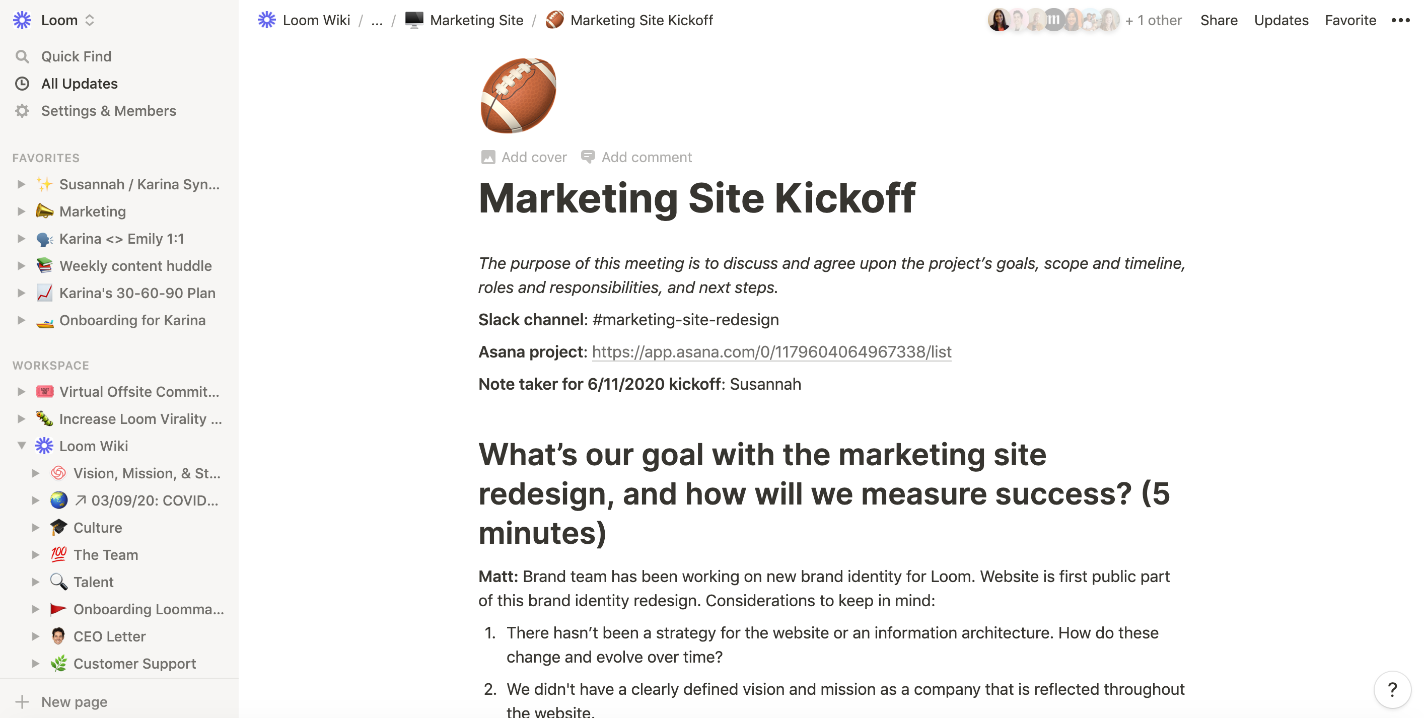 Screen shot Marketing Site Kickoff agenda in Notion