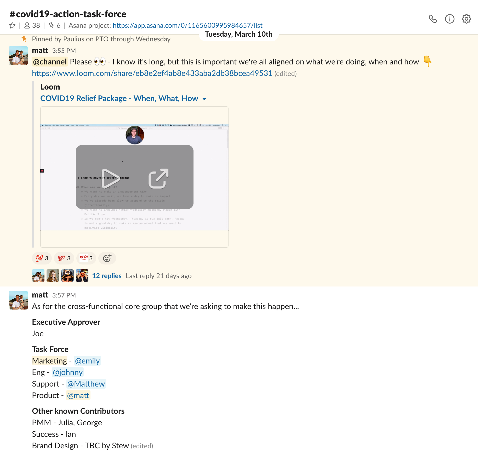 Screenshot of Slack channel for COVID-19