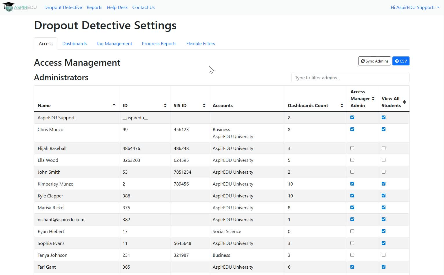 Access Tab of the Access Managment page of Dropout Detective/Grade Guardian
