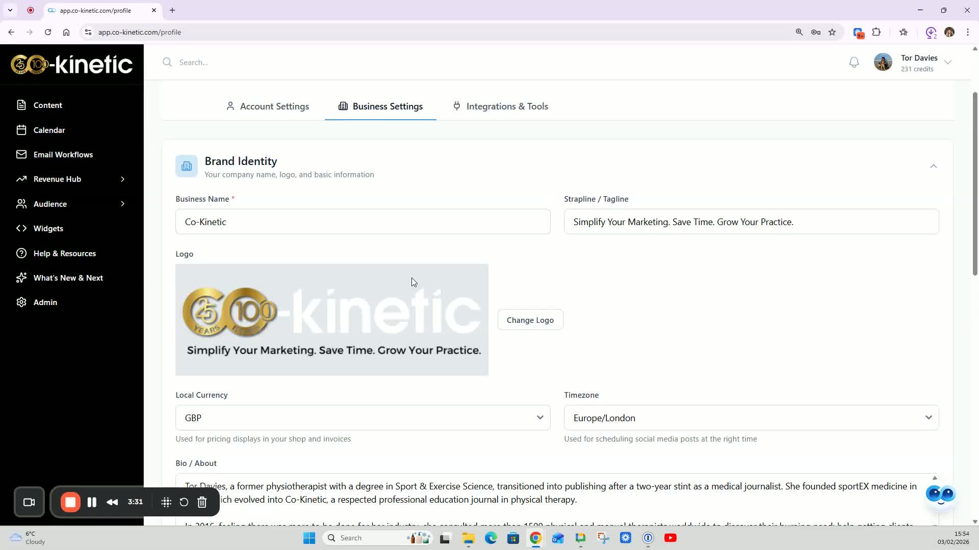 Business settings and logo upload