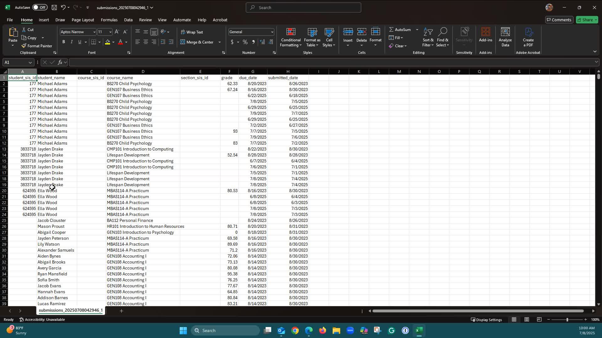 CSV file displaying student data 