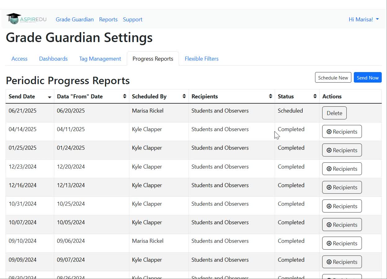 View of the scheduled and completed Progress Reports in Access Management