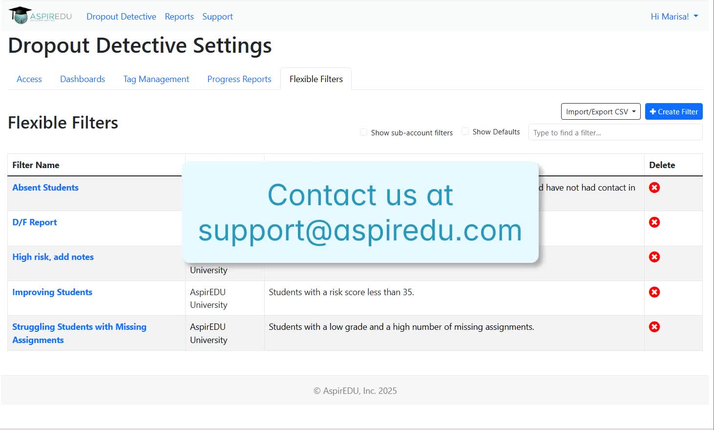 View of Flexible Filters tab in Access Management with overlay to display the support email address