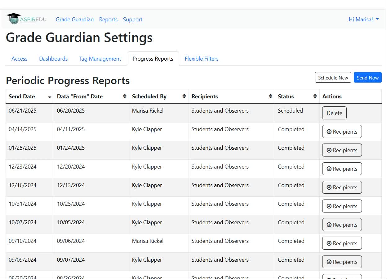 View of the scheduled and completed Progress Reports in Access Management