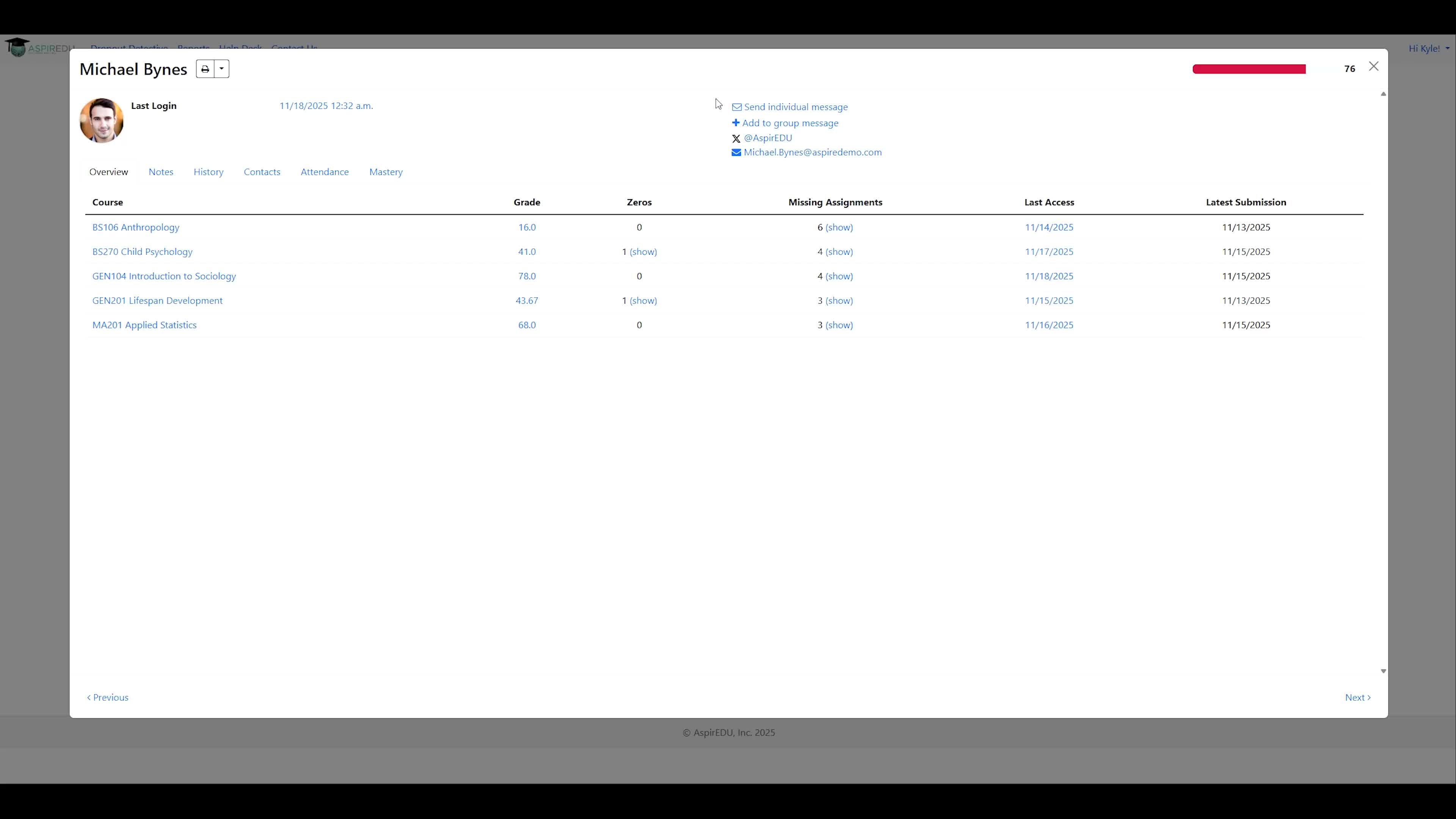 Individual student profile page