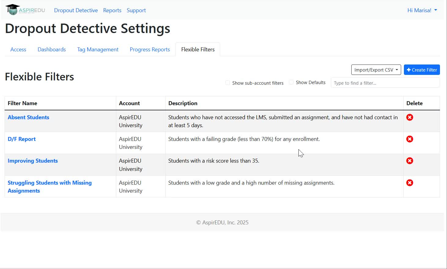 View of Flexible Filters tab in Access Management