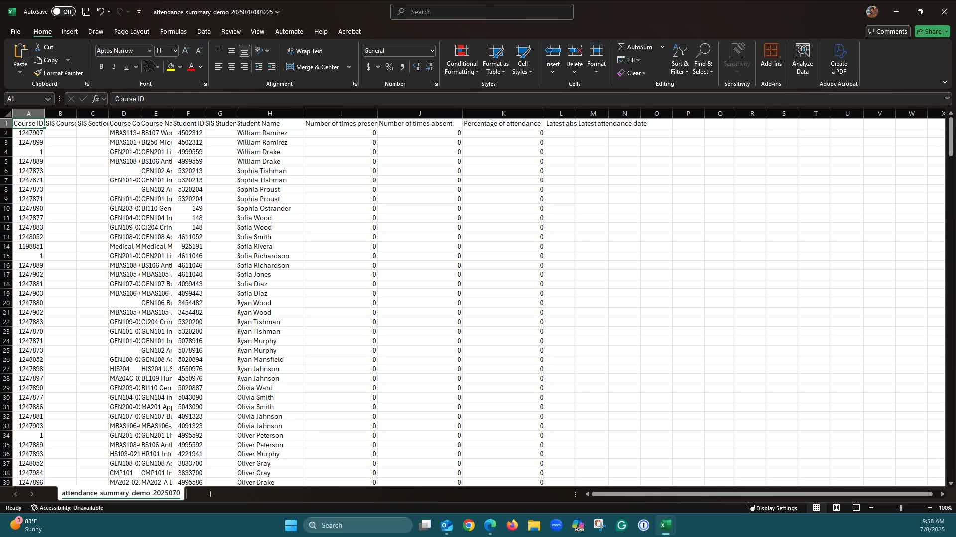 CSV file displaying student data 