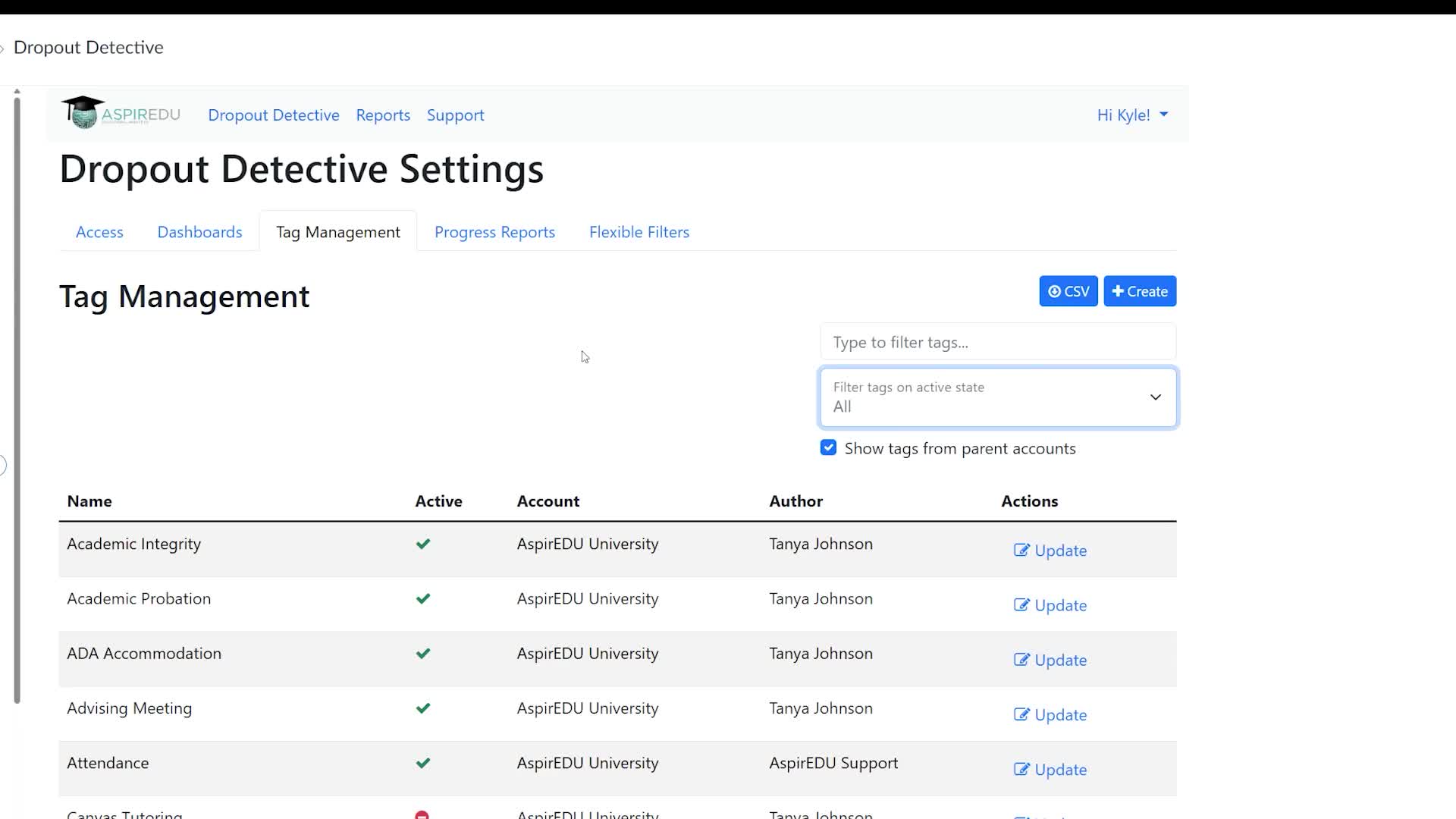 View of the Tag Management tab in Access Management filtered to all tags
