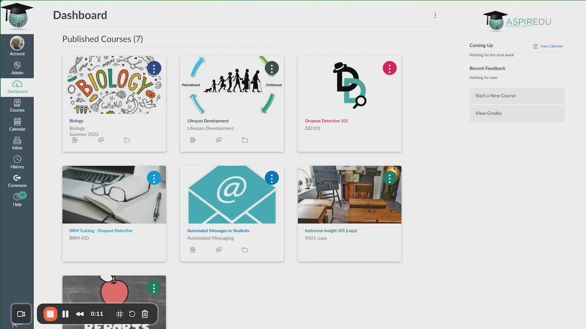 Canvas LMS Dashboard page showing courses