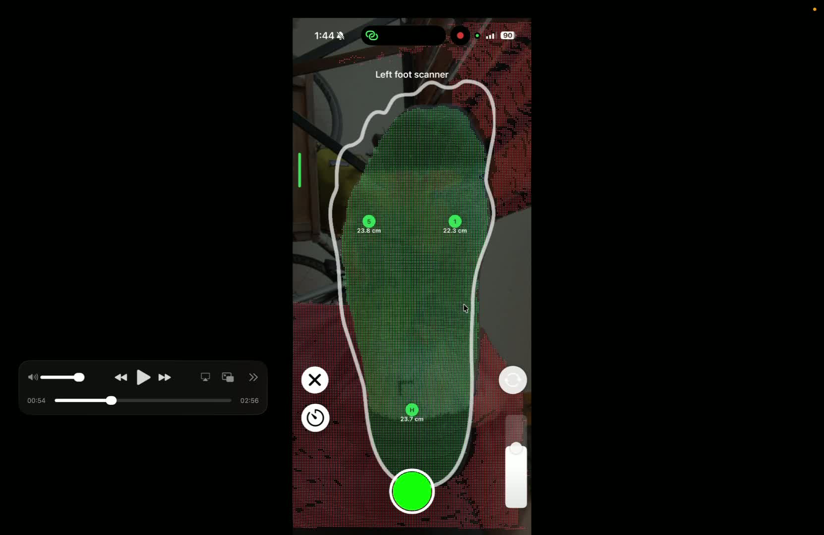 Position the foot and device for the first frame