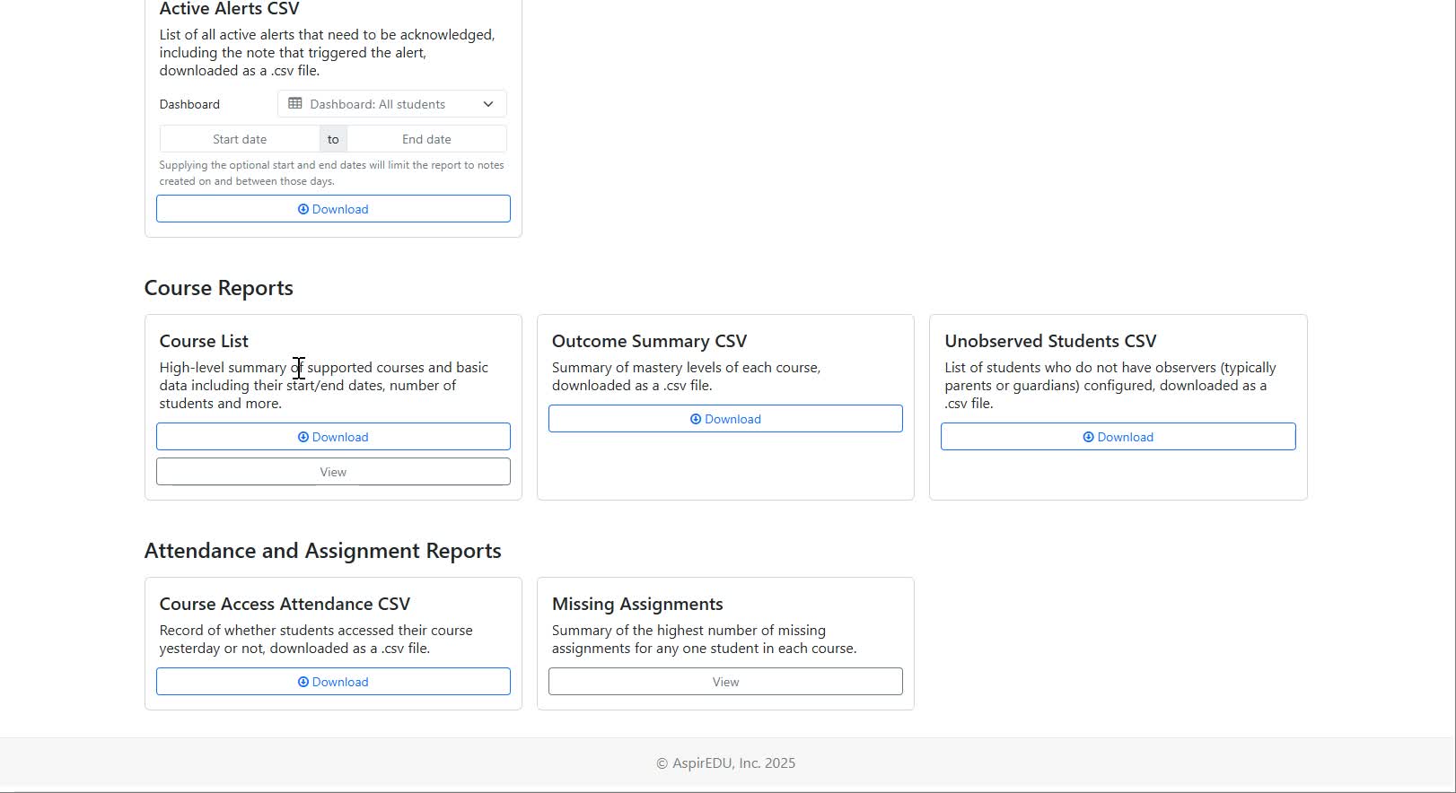 Reports page found within Dropout Detective/Grade Guardian