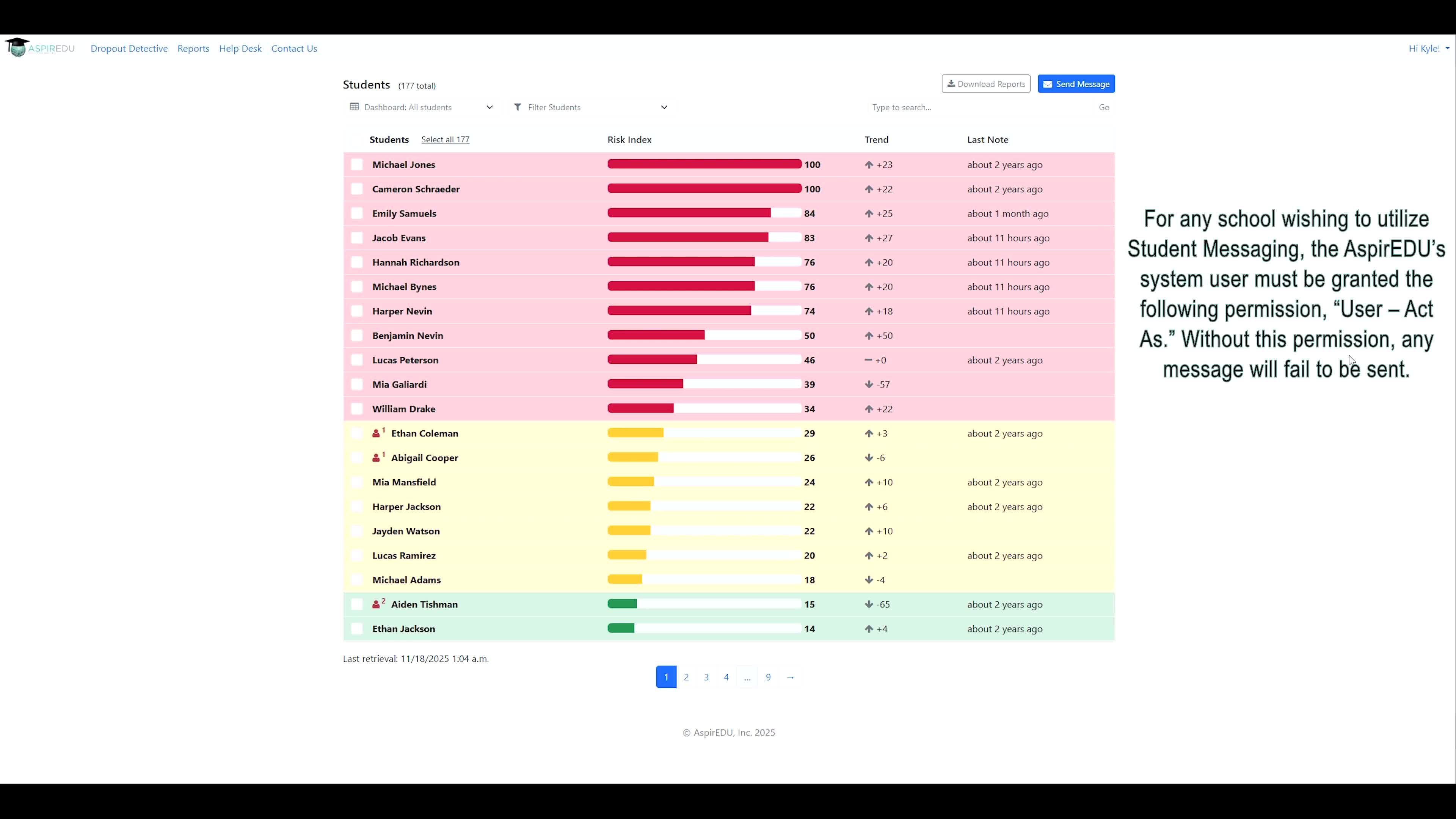 AspirEDU Solution Dashboard with a note on the permission needed to enable this feature.