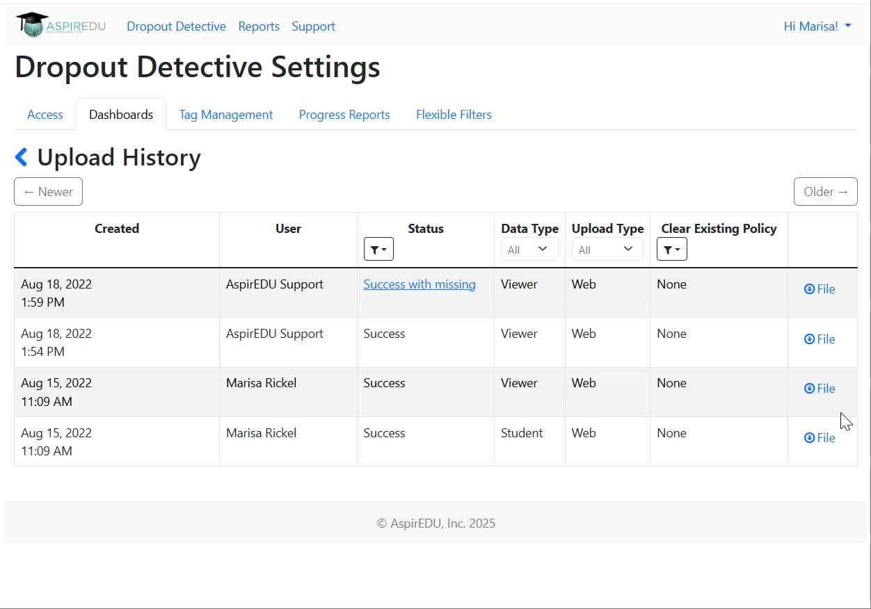 View of Upload History page in Dashboard Management