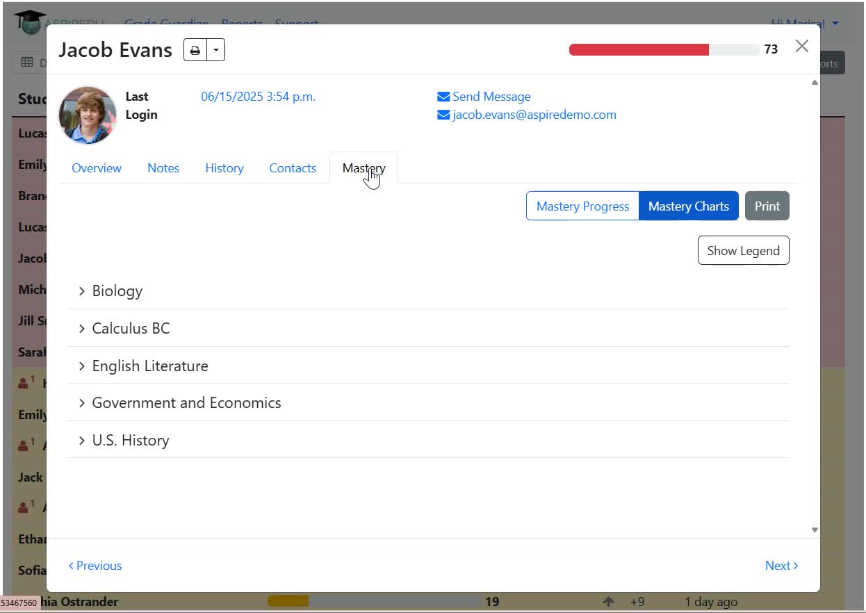 Selecting the Mastery Tab in a student's profile page within Grade Guardian/Dropout Detective.