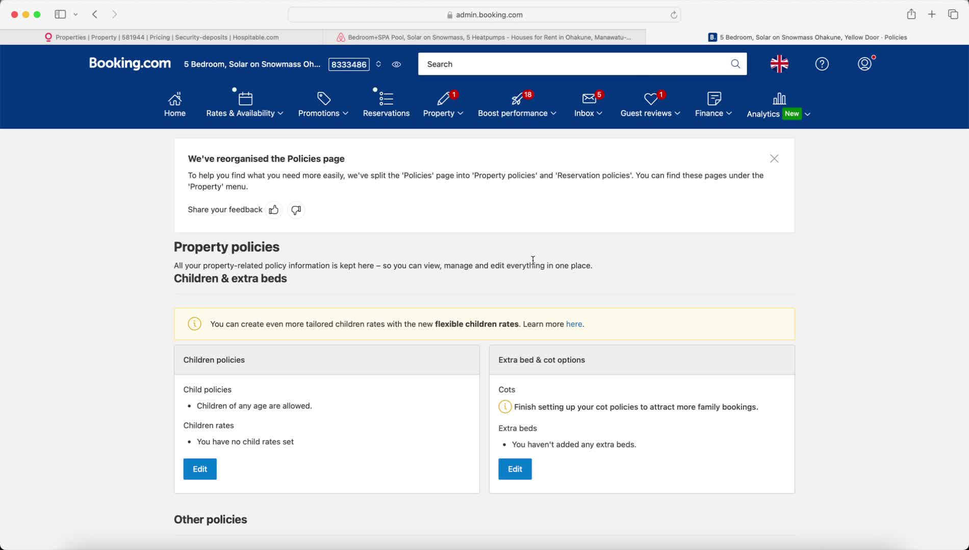 Booking.com Property Policies showing the Damaged Deposit section