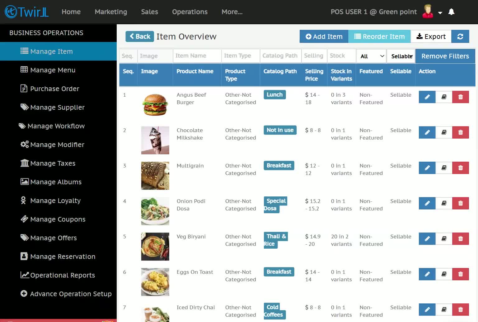 Opening item variant and stock dependency setting