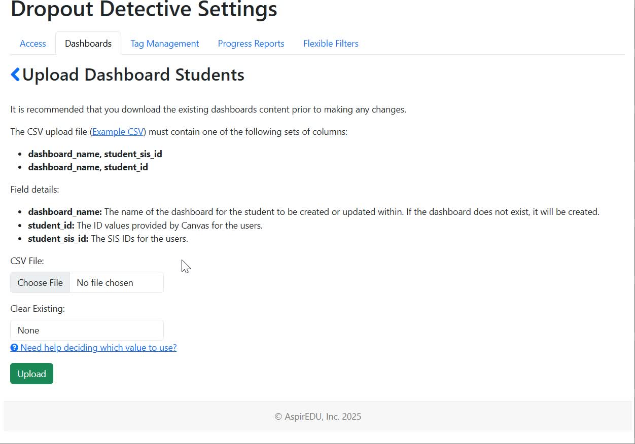 View of Upload Dashboard Students page in Dashboard Management