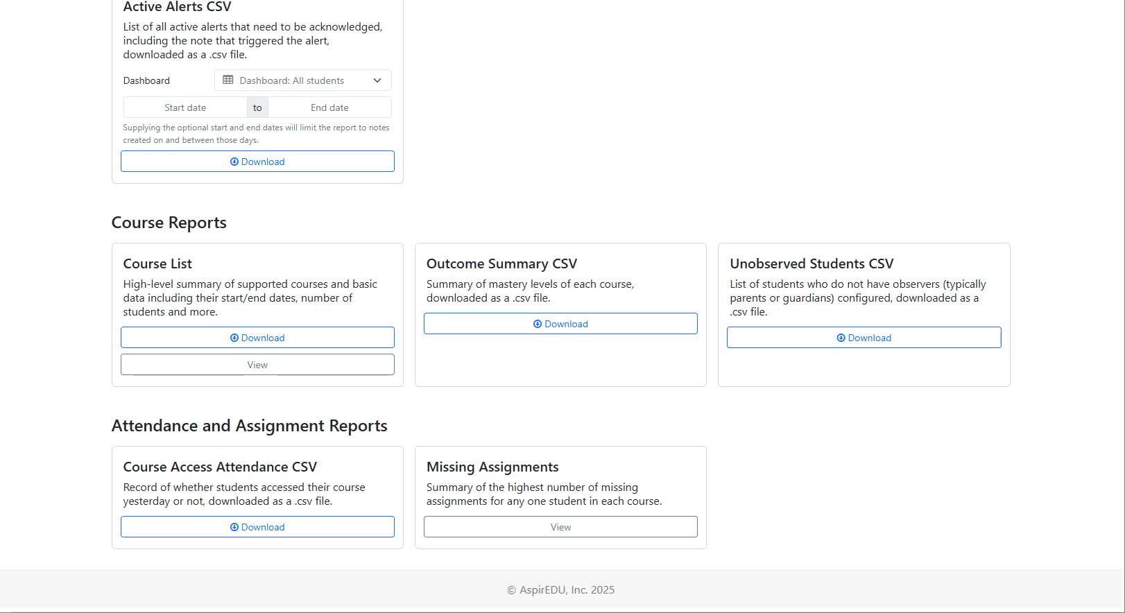 Reports page found within Dropout Detective/Grade Guardian