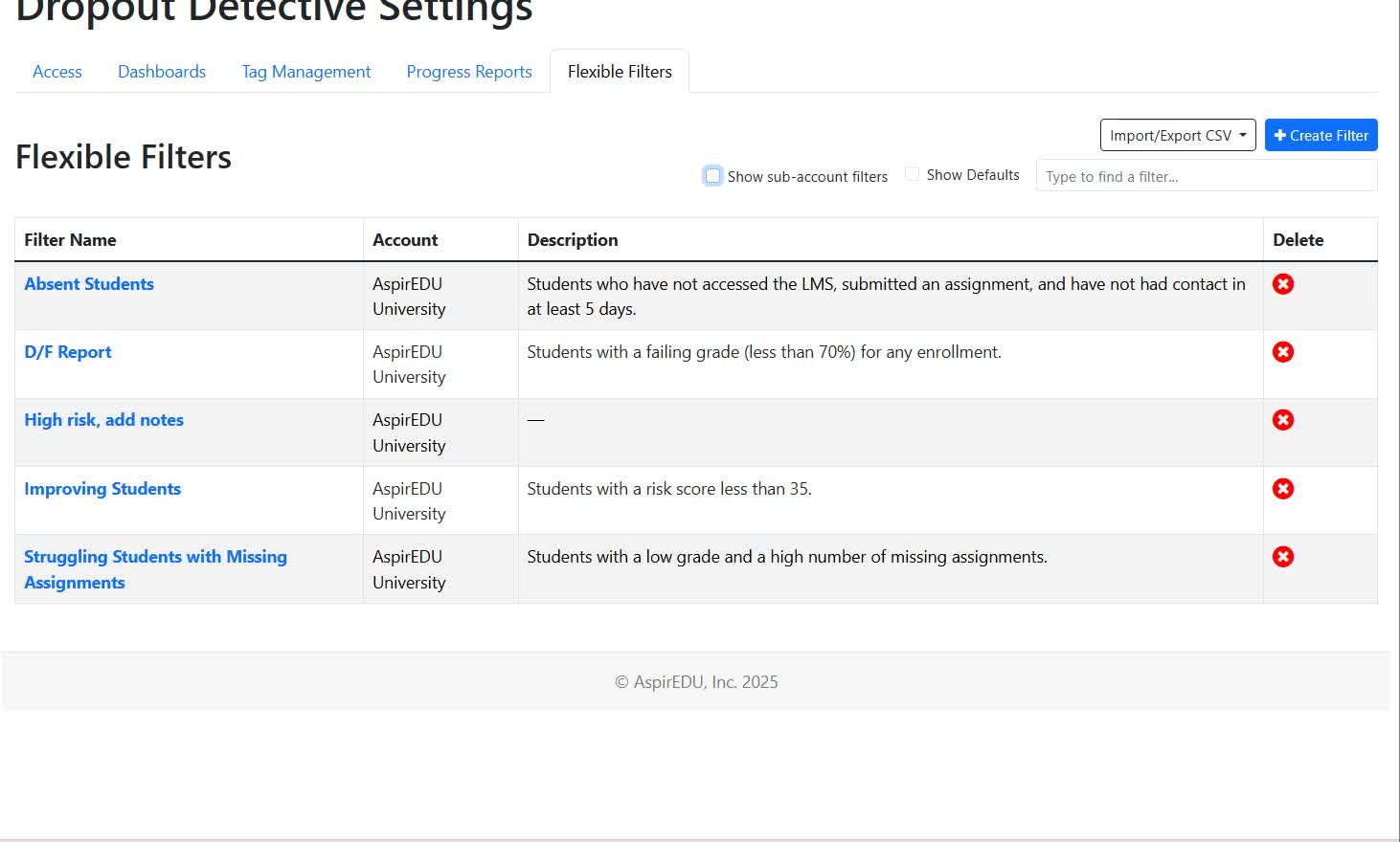 View of Flexible Filters tab in Access Management