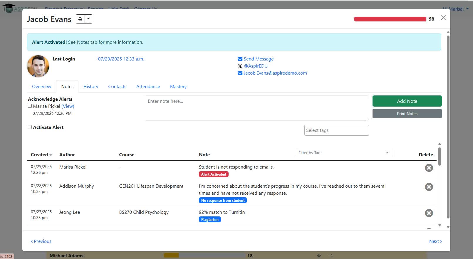 Alert Activated with blue banner on top and red tag attached to the note
