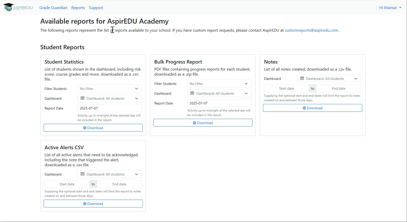 Reports page found within Dropout Detective/Grade Guardian