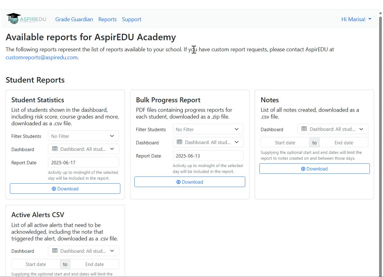 View of the reports area of Grade Guardian.