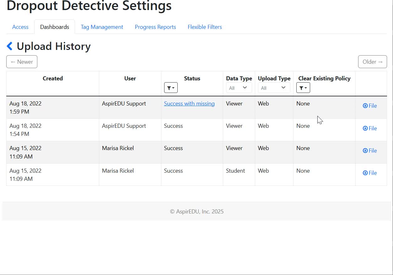 View of Upload History page in Dashboard Management