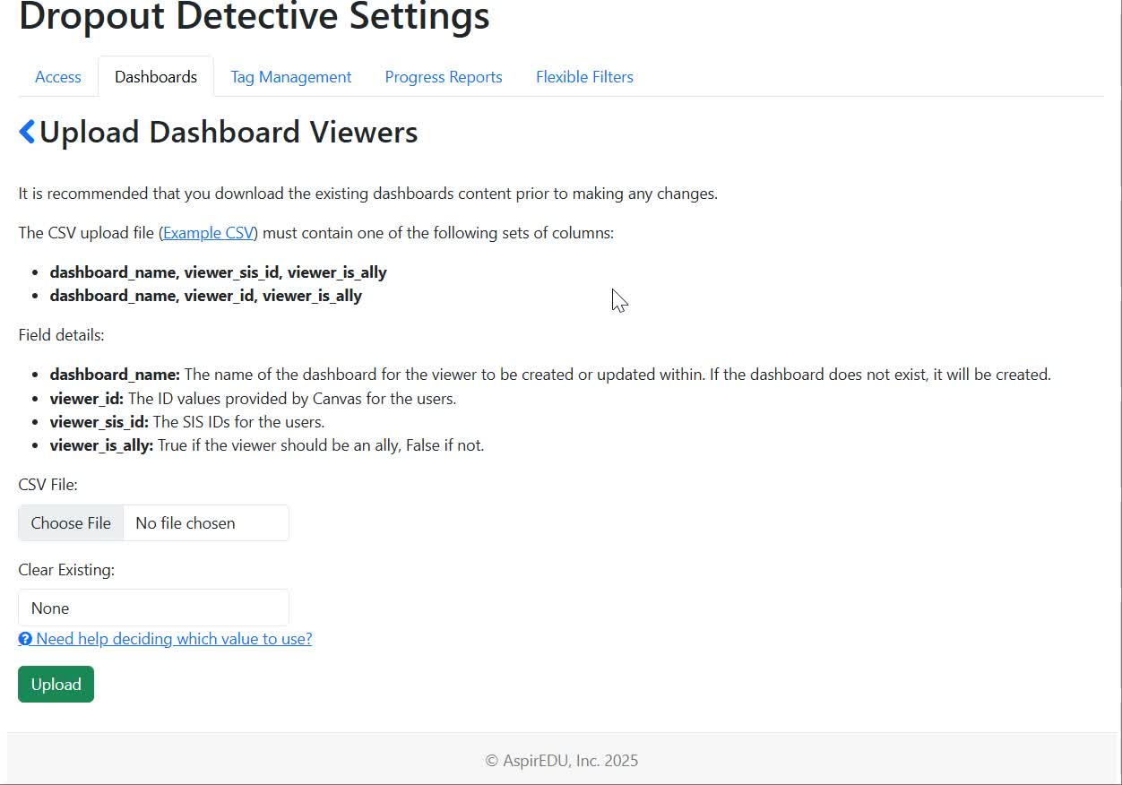 View of Upload Dashboard Viewers page in Dashboard Management