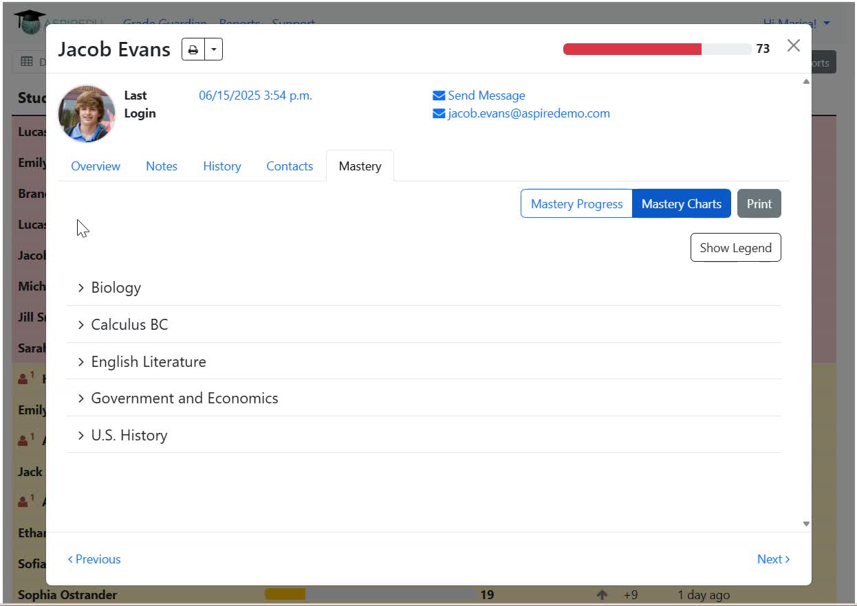 Selecting the Mastery Chart view in a student's profile page within Grade Guardian/Dropout Detective.