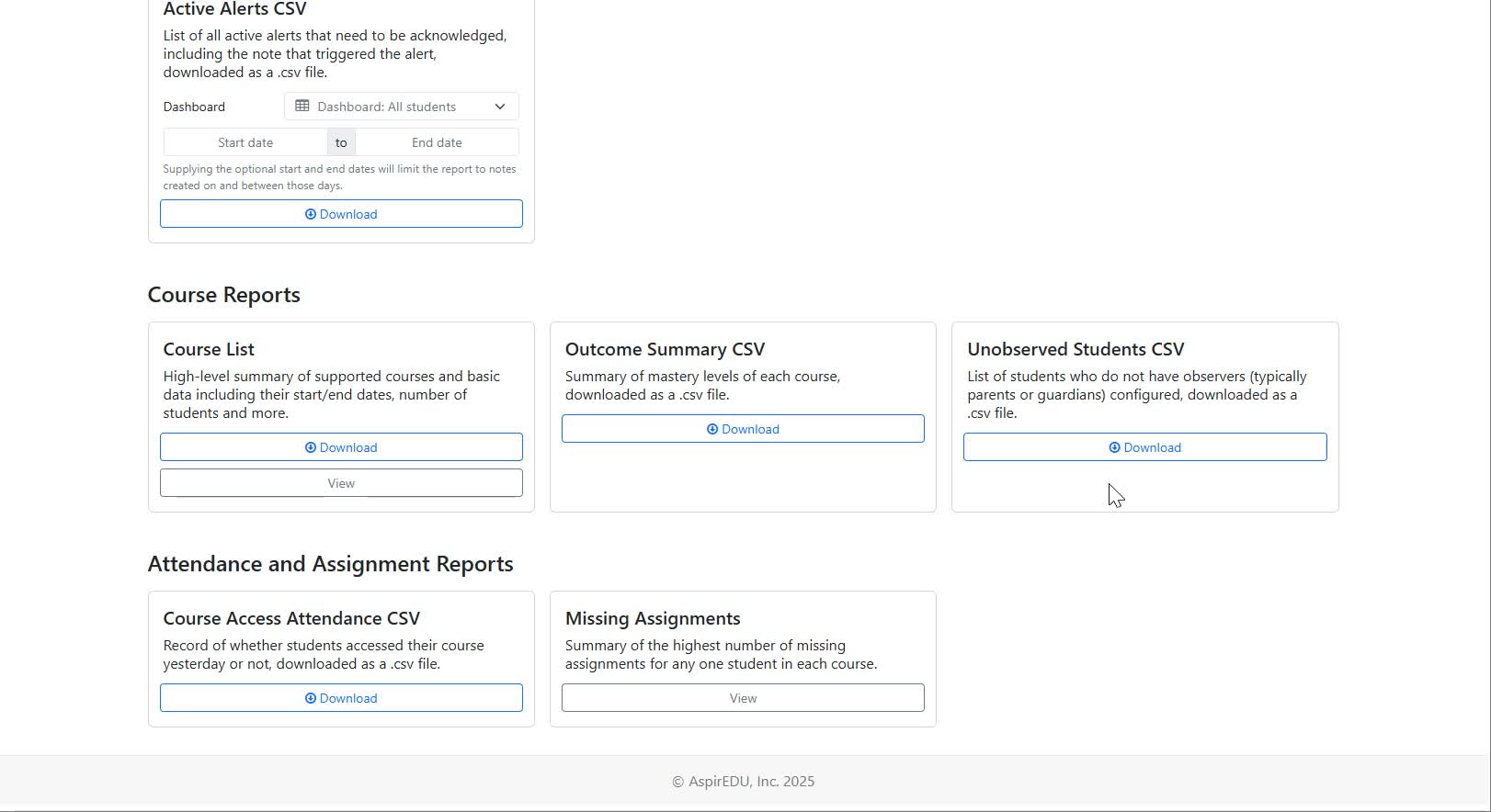 Reports page found within Dropout Detective/Grade Guardian