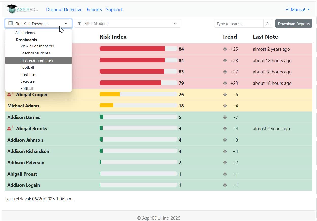 View of Dropout Detective dashboard drop-down selecting the First Year Freshmen dashboard