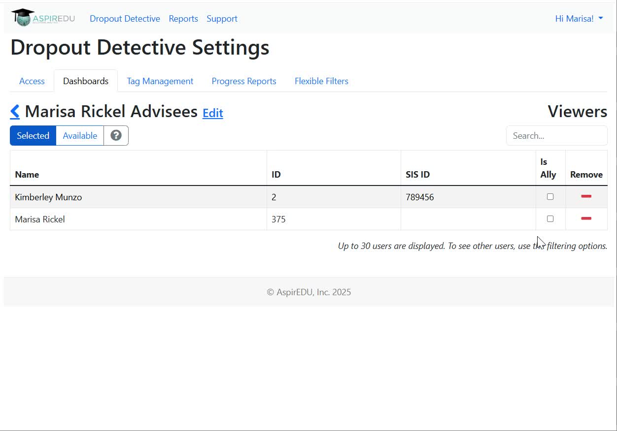 View of editing viewers of a dashboard in Dashboard Management