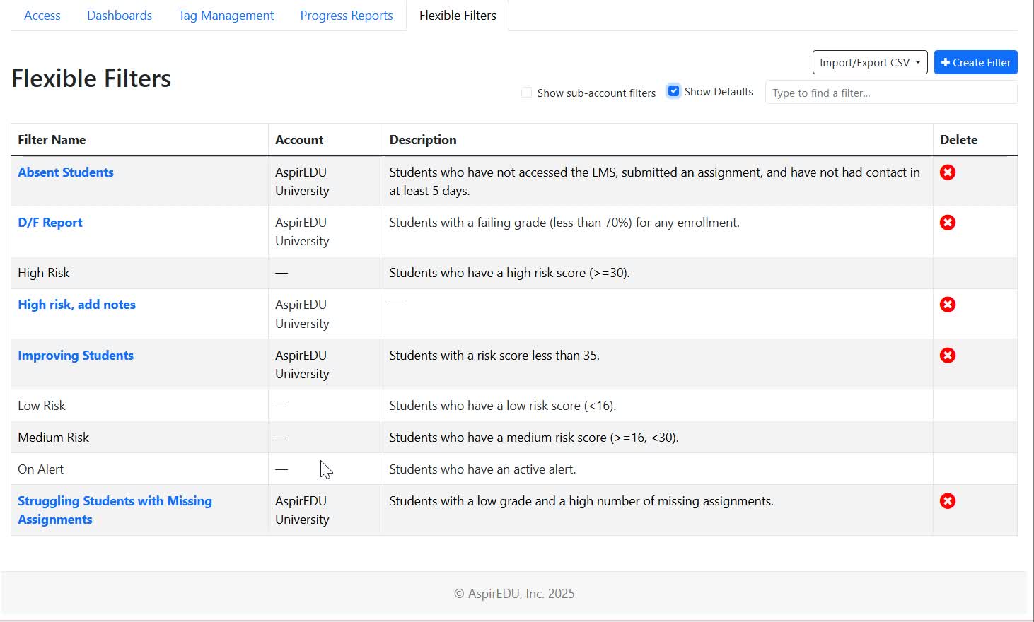 View of Flexible Filters tab in Access Management with 'Show Defaults' option selected