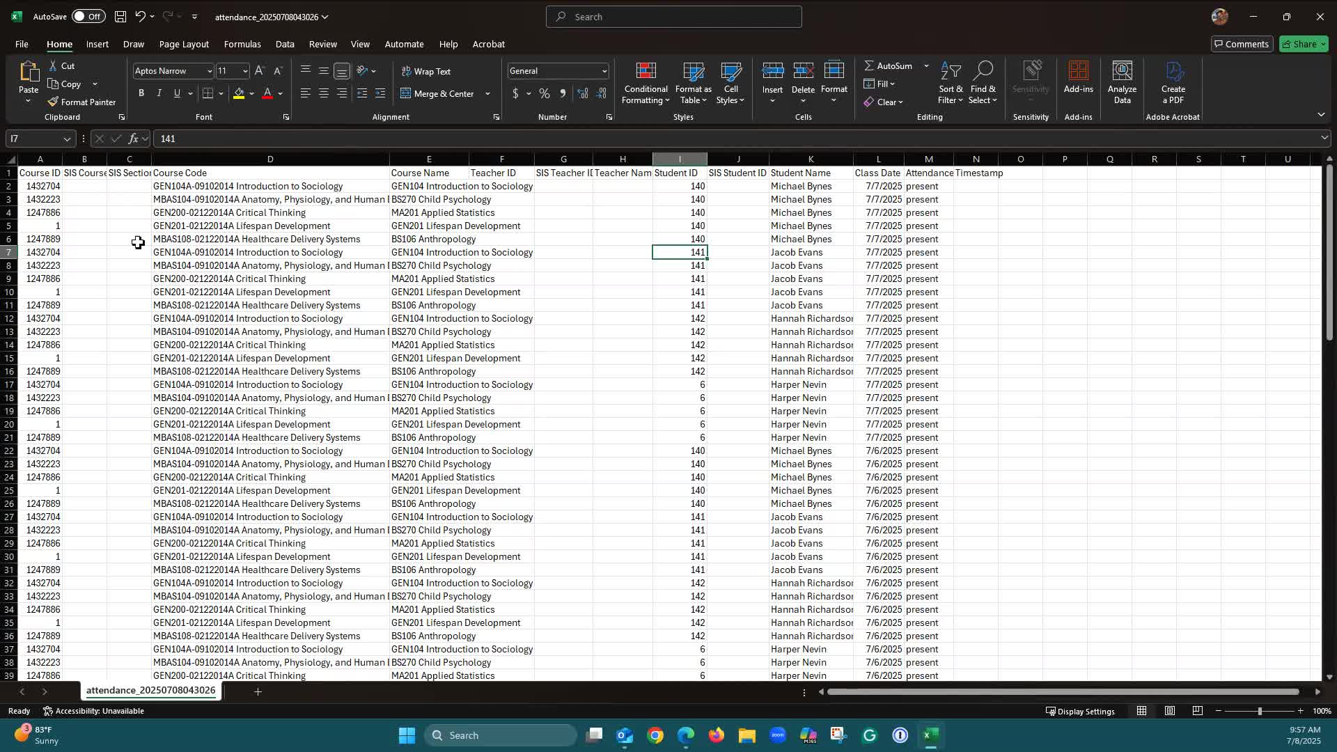 CSV file displaying student attendance data 