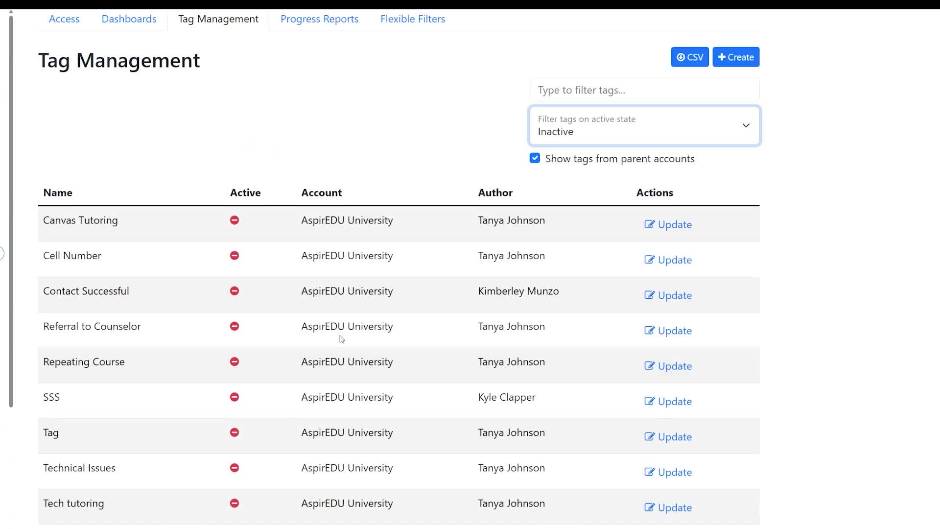 View of the Tag Management tab in Access Management filtered to inactive tags