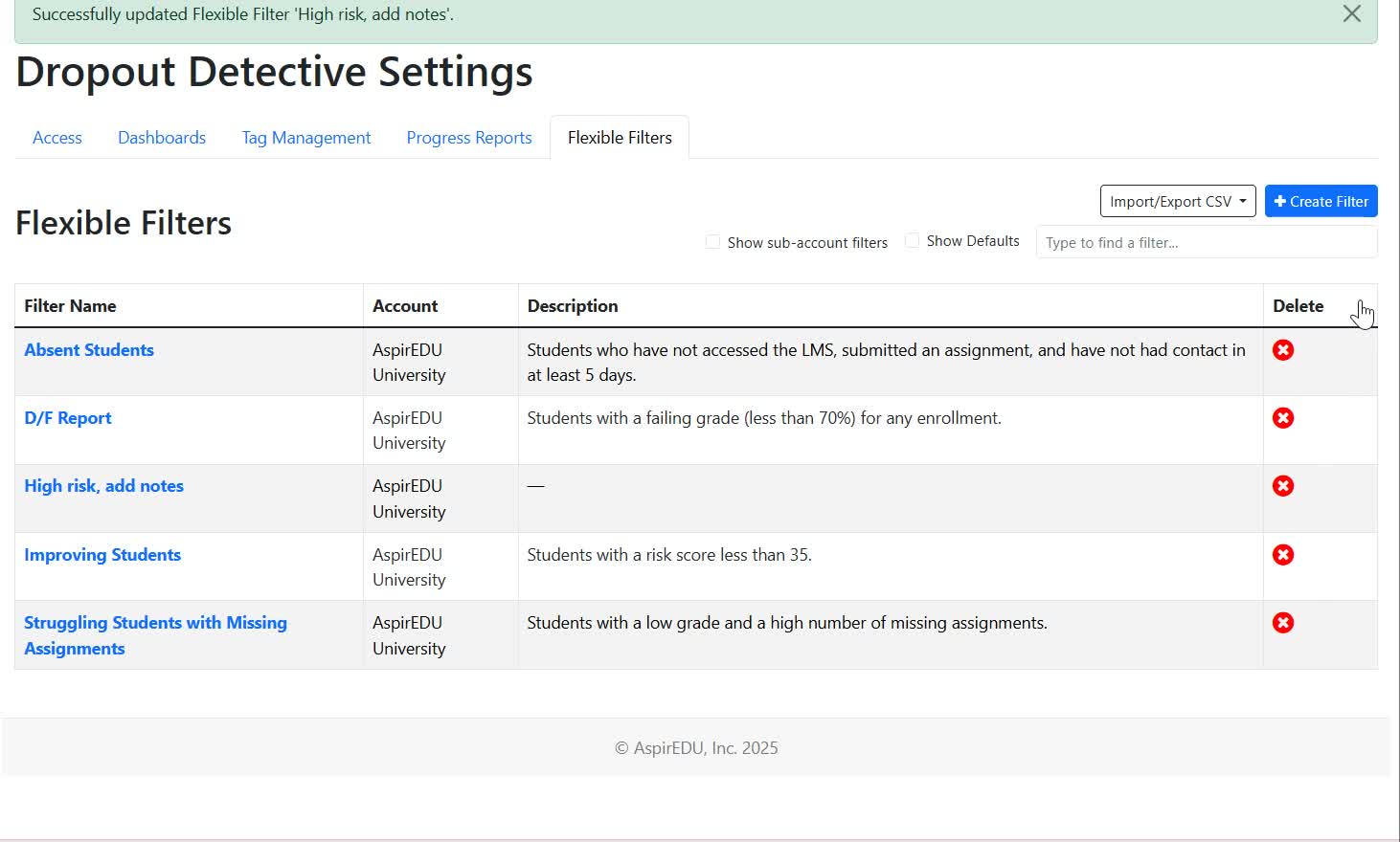 View of Flexible Filters tab in Access Management with green success bar notification for updating the filter