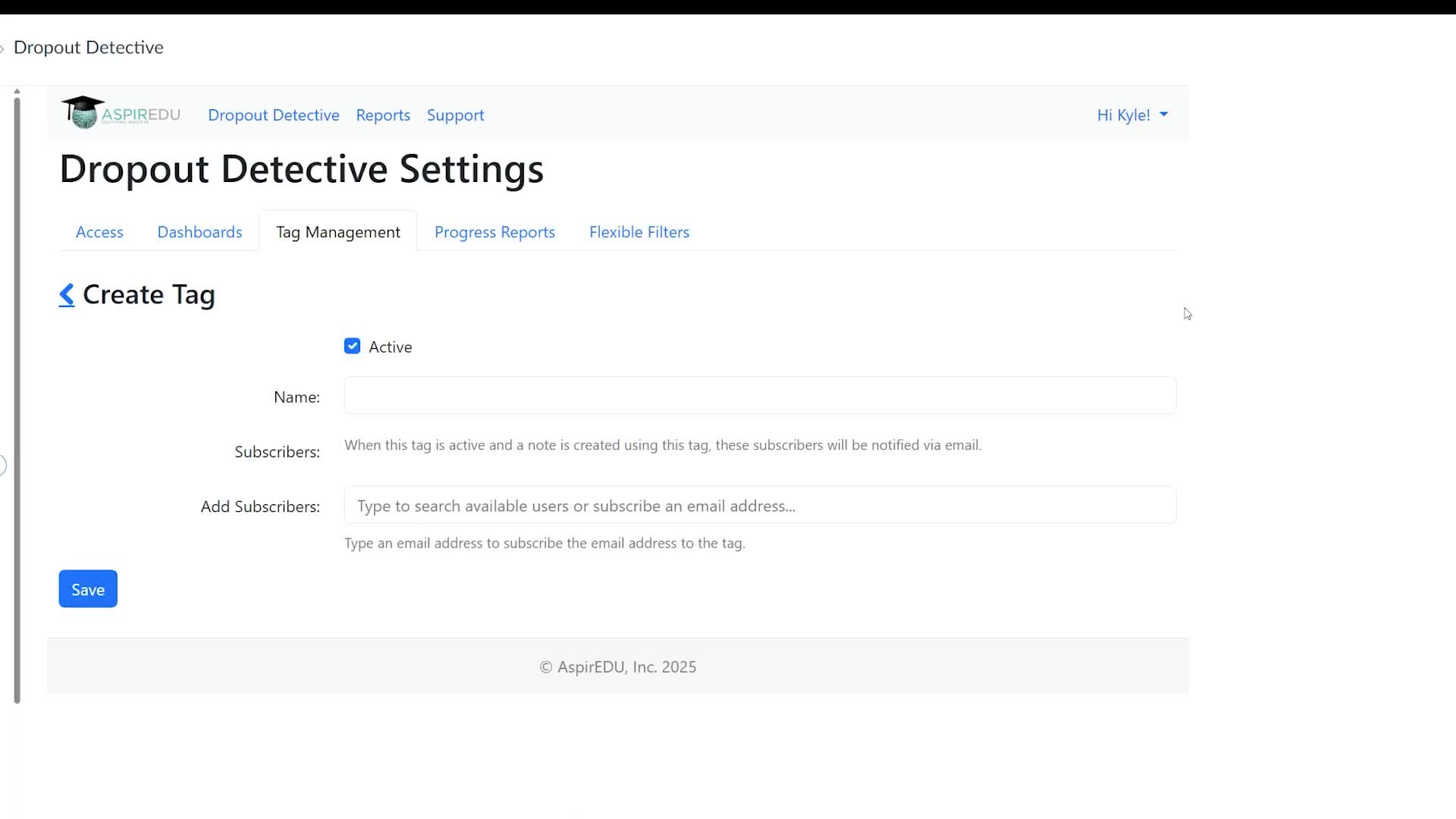 View of creating a tag in the Tag Management tab of Access Managment
